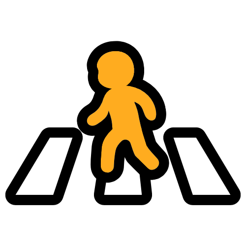 A simple yellow figure walking across three white stripes from right to left.